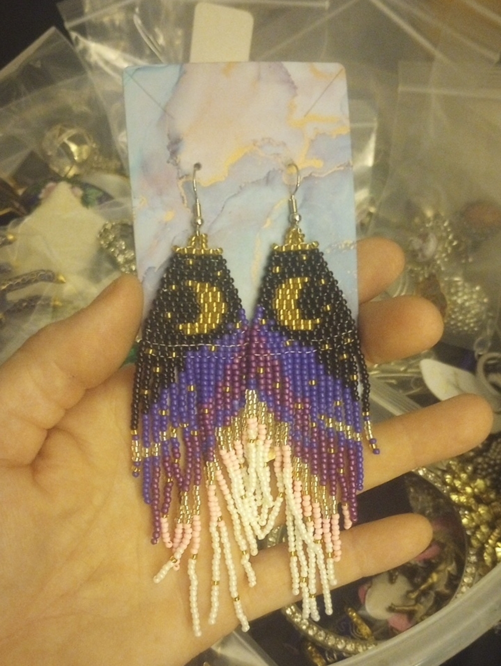 Handcrafted Purple & Black Beaded Fringe Moon Earrings Like New